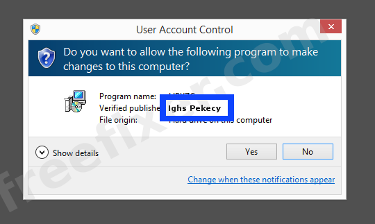 Screenshot where Ighs Pekecy appears as the verified publisher in the UAC dialog